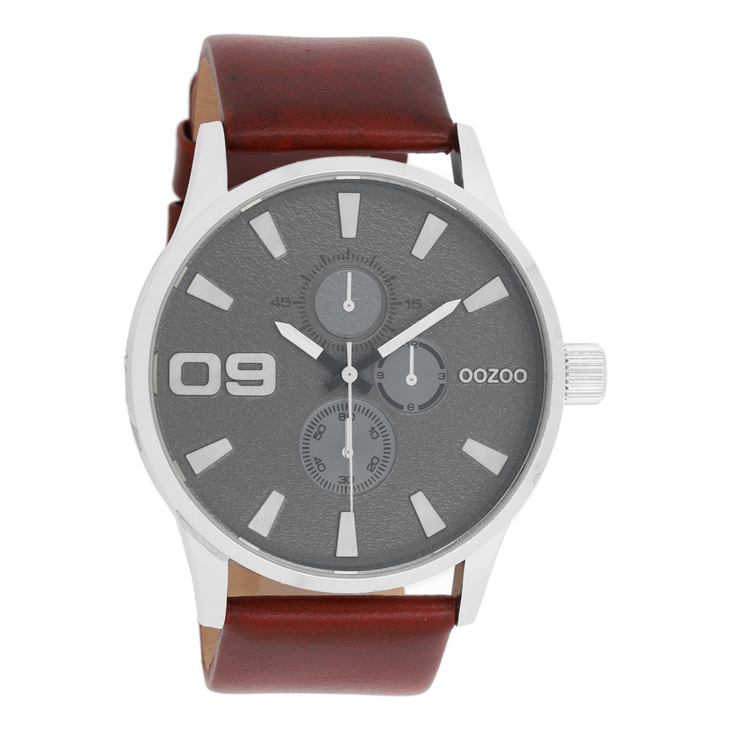 Silver coloured OOZOO watch with dark brown leather strap - C10348