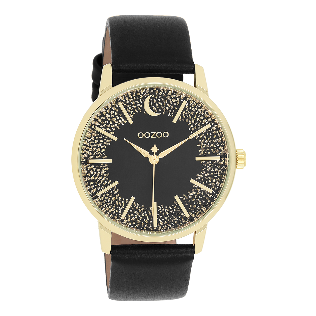 OOZOO Montre en couleur or avec bracelet en cuir en noir - C11044