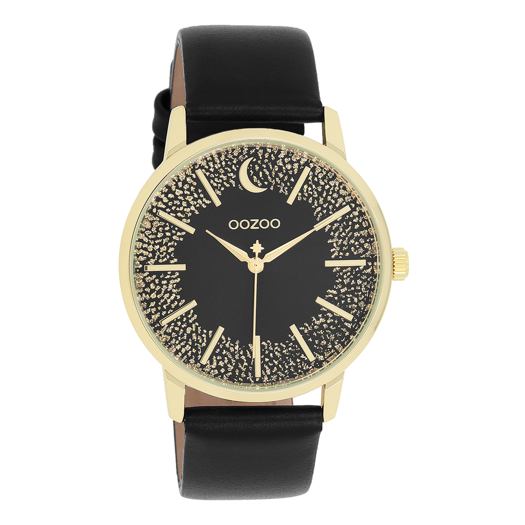 Gold coloured OOZOO watch with black leather strap - C11044