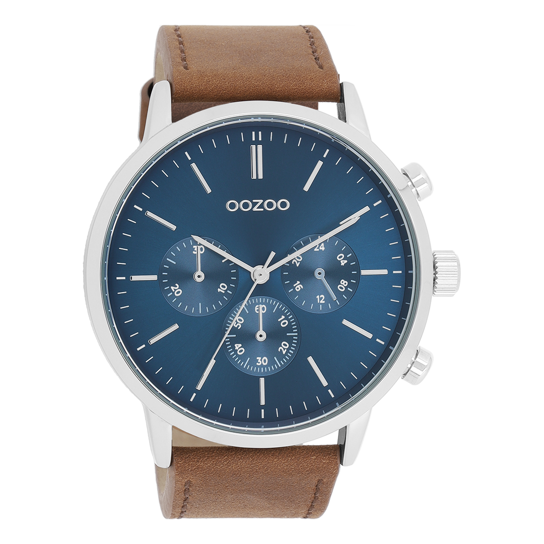 Silver coloured OOZOO watch with brown leather strap - C11200