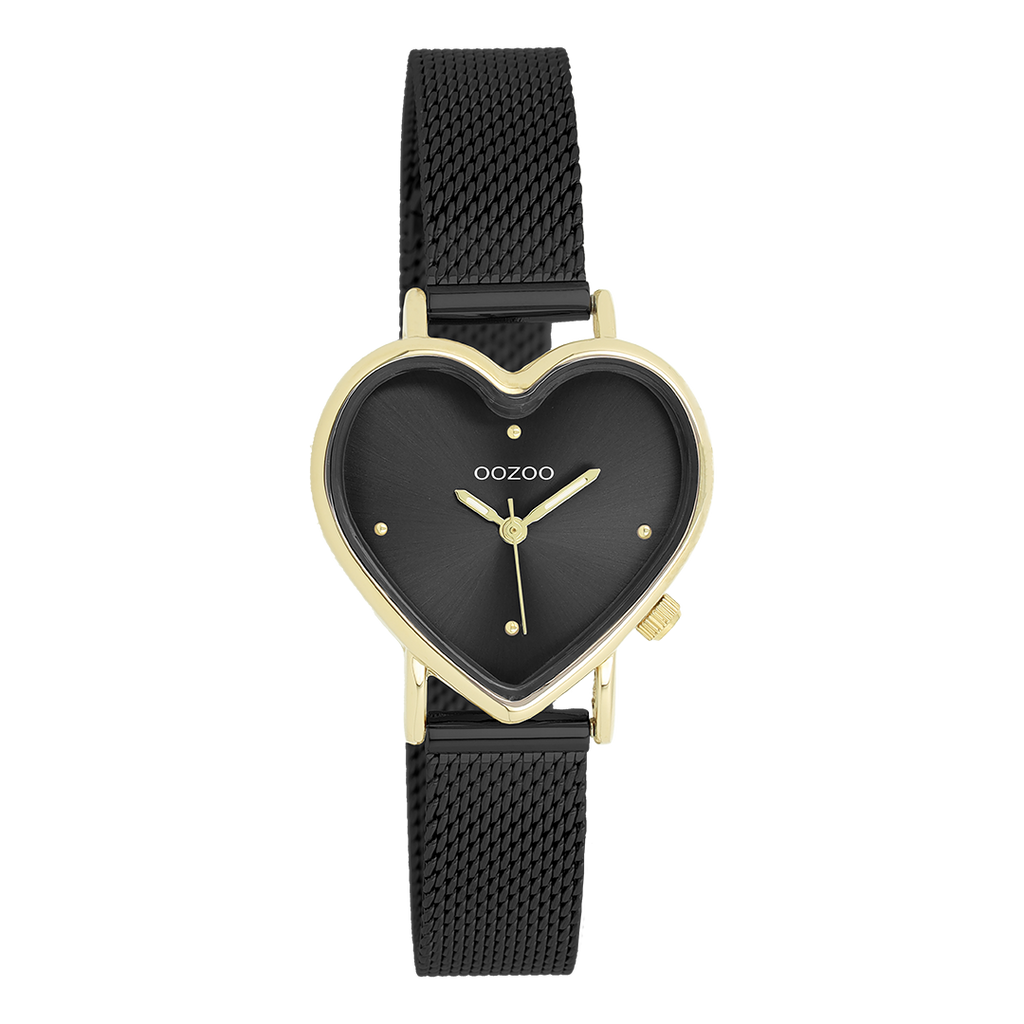 Gold coloured OOZOO watch with black metal mesh bracelet - C11447