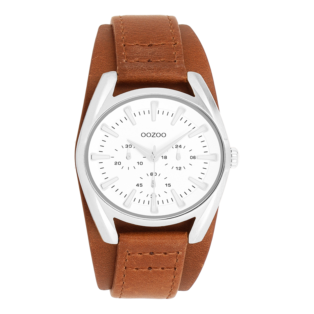 Silver coloured OOZOO watch with middle brown leather strap - C11700