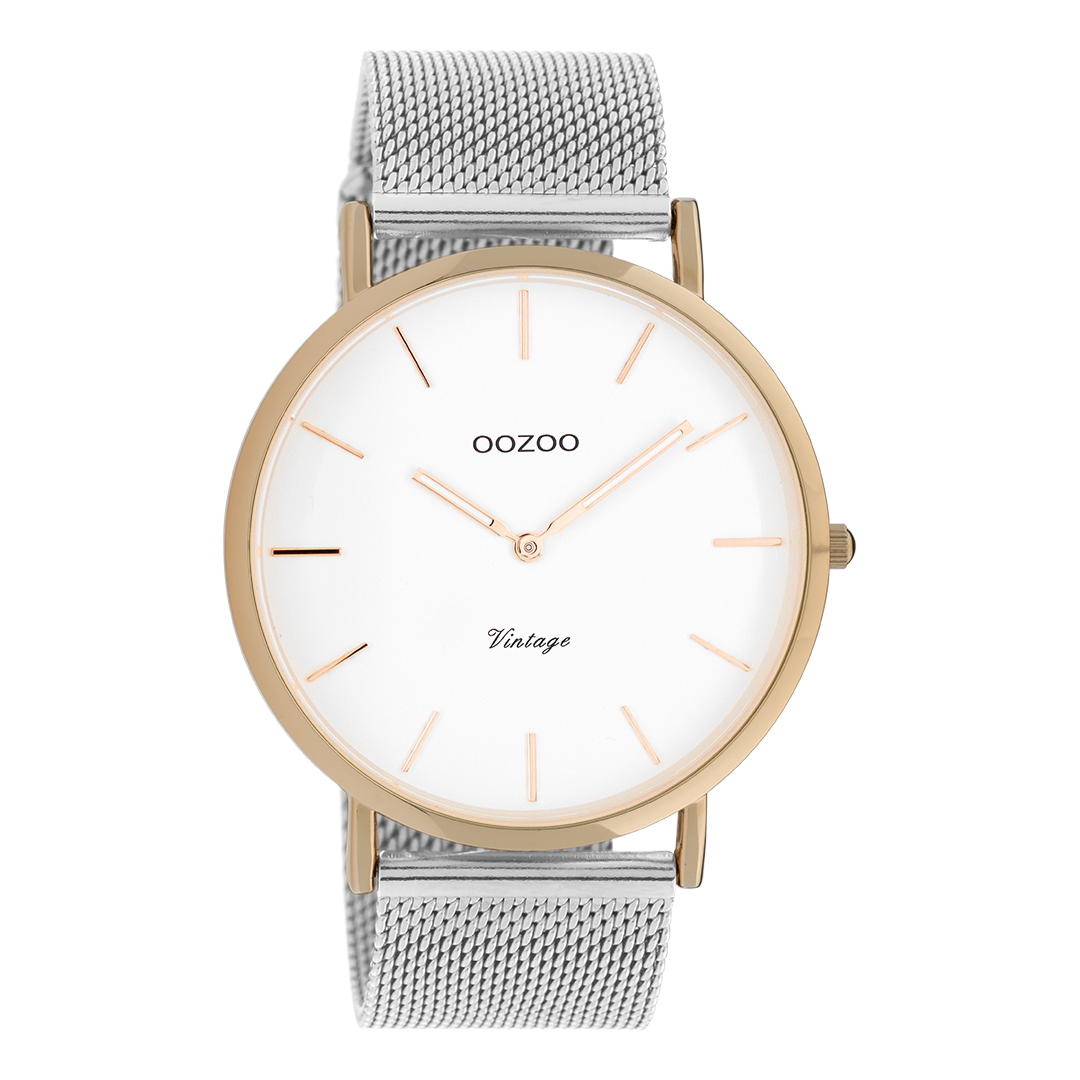 OOZOO Montre en couleur or rose avec bracelet en mesh en couleur argent - C20070