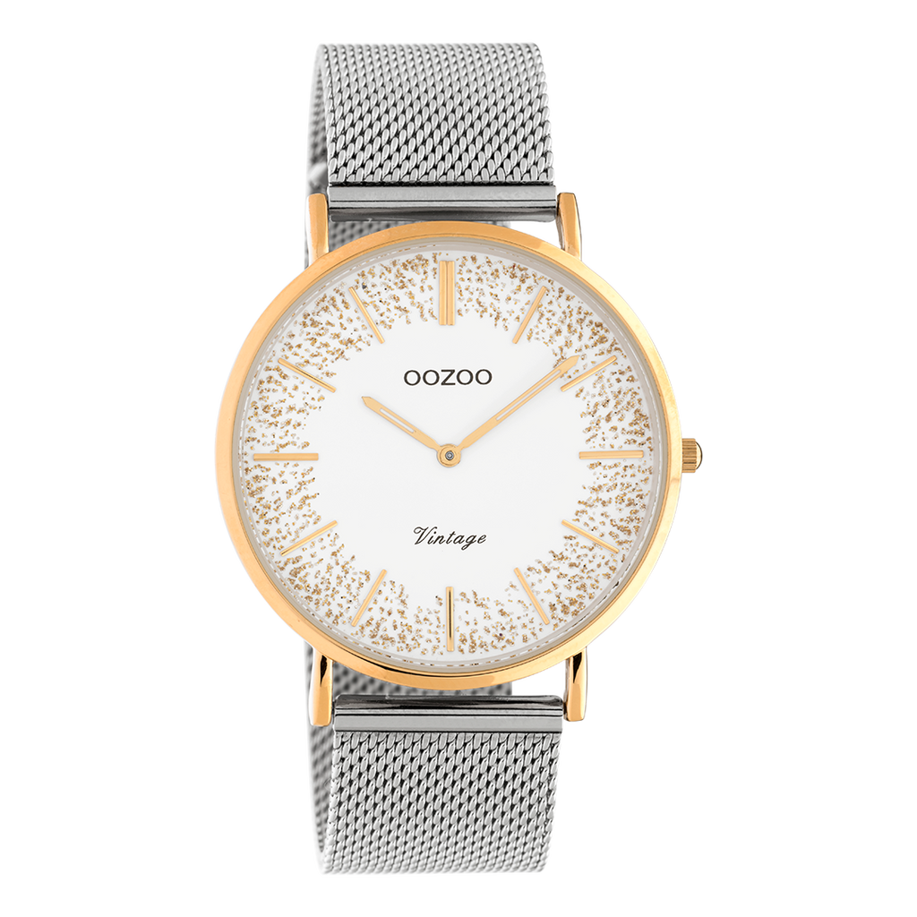 Rose gold coloured OOZOO watch with silver coloured metal mesh bracelet - C20136