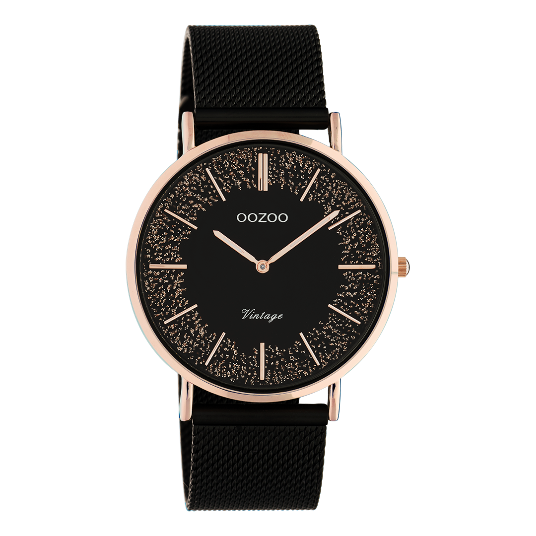 OOZOO Montre en couleur or rose avec bracelet en mesh en noir - C20142