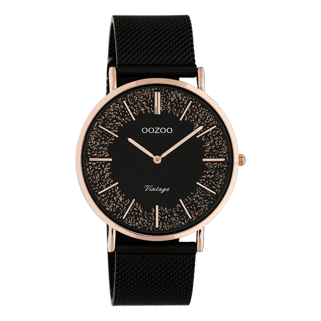 Rose gold coloured OOZOO watch with black metal mesh bracelet - C20142