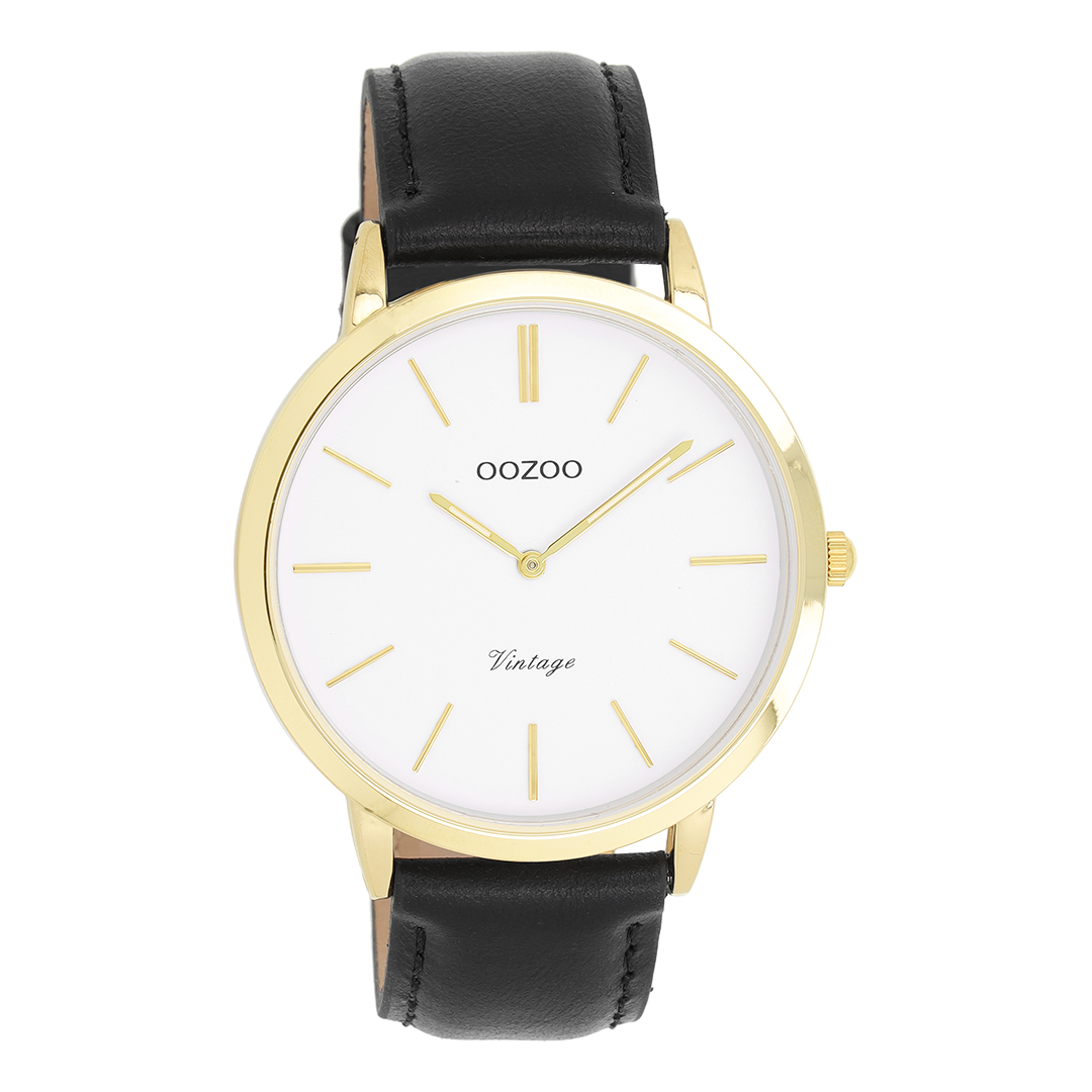 Gold coloured OOZOO watch with black leather strap - C20386