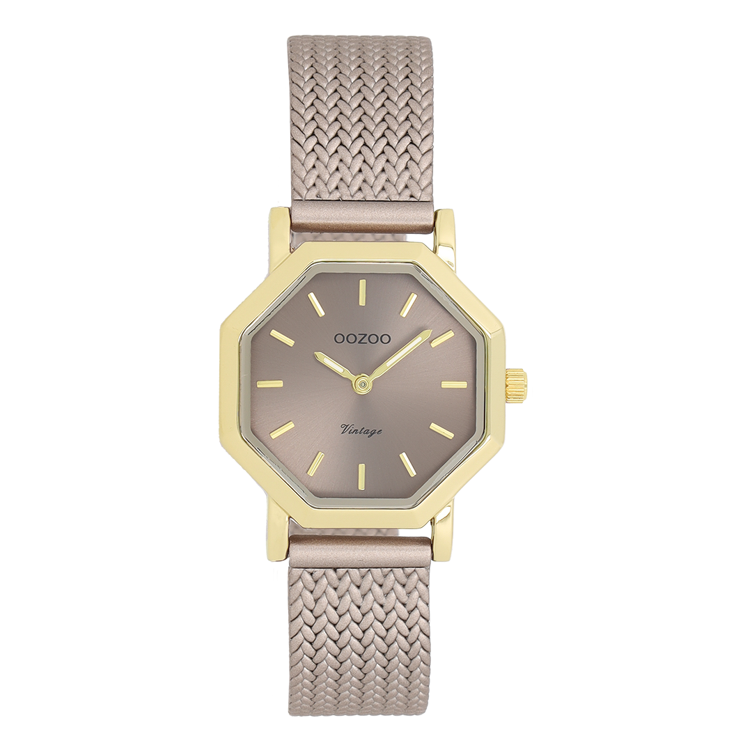 Gold coloured OOZOO watch with taupe metal v-mesh bracelet - C20439