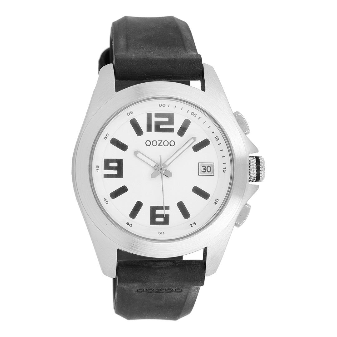 Zilverkleurige OOZOO horloge met zwarte leren band - C3167