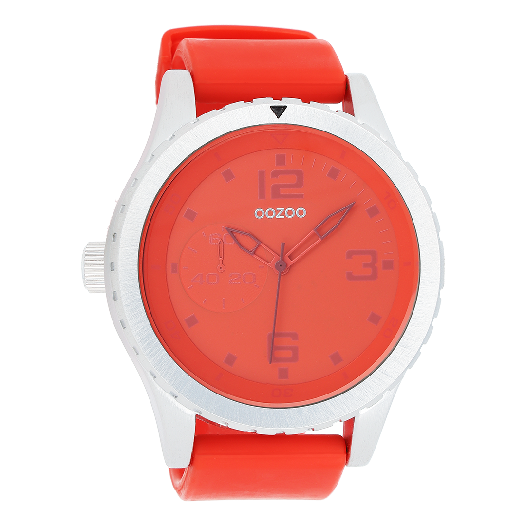 Zilverkleurige OOZOO horloge met rode rubber band - C3670