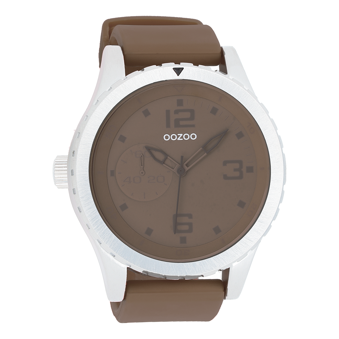 Zilverkleurige OOZOO horloge met donker bruine rubber band - C3672