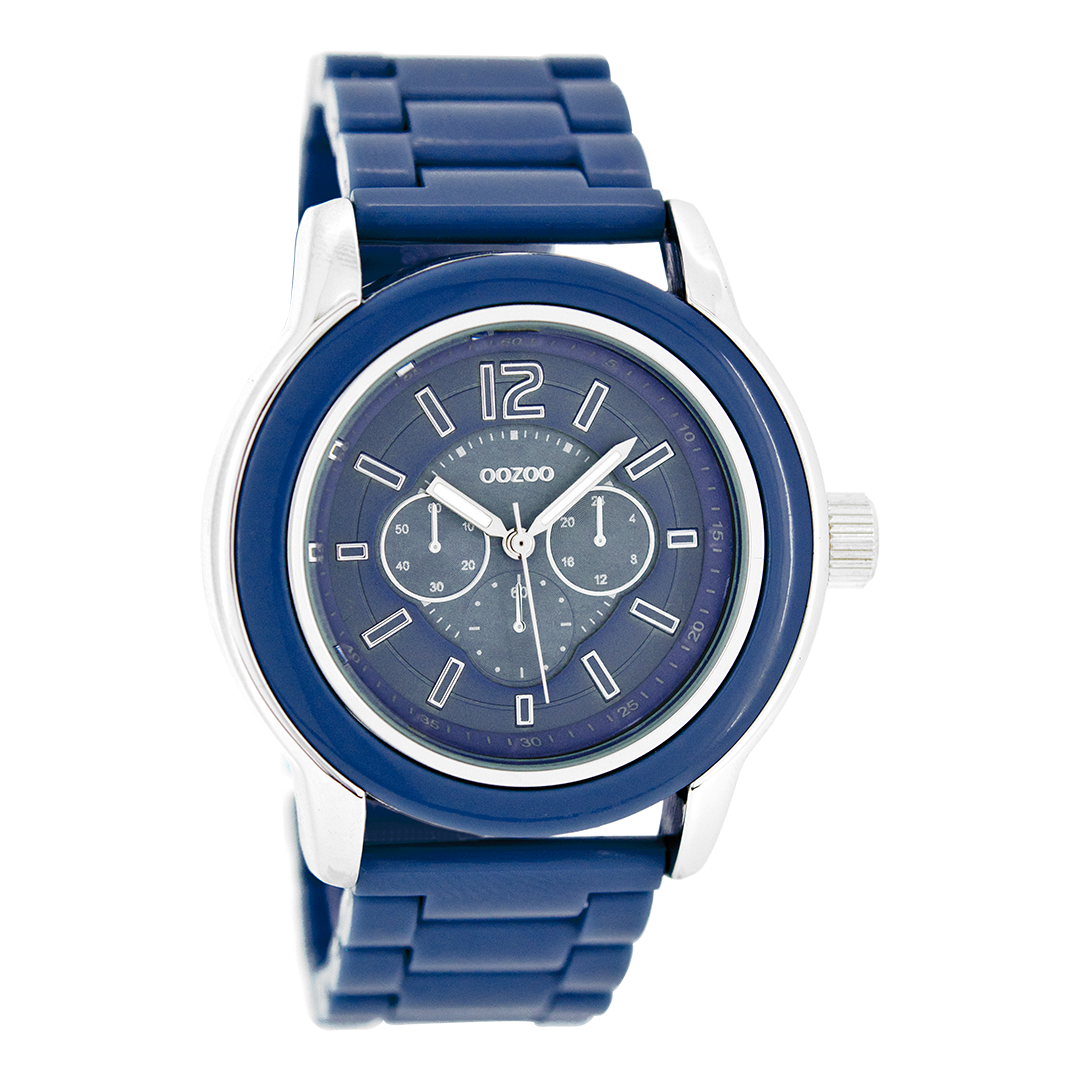 Zilverkleurige OOZOO horloge met blauwe kunststof horlogeband - C4942