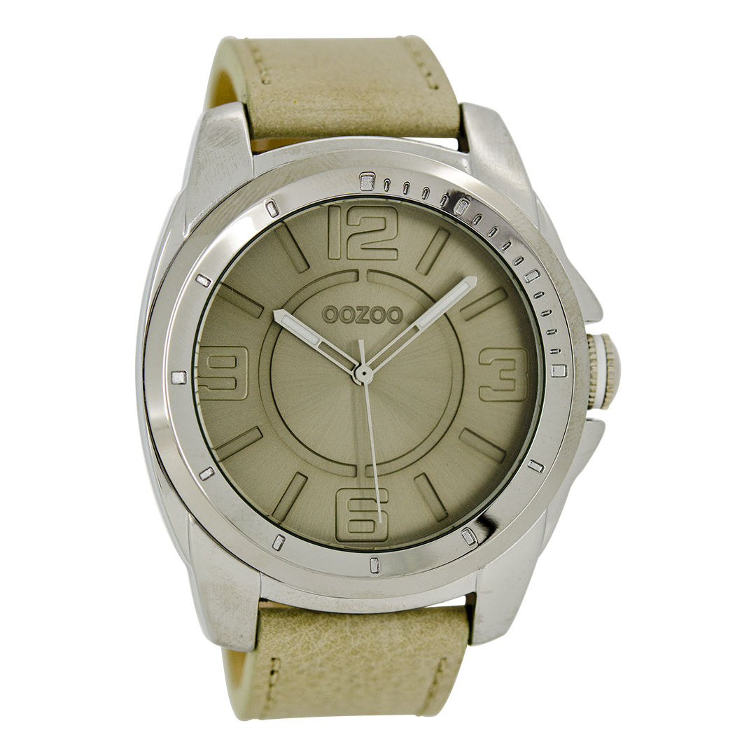 Silver coloured OOZOO watch with sand leather strap - C5335