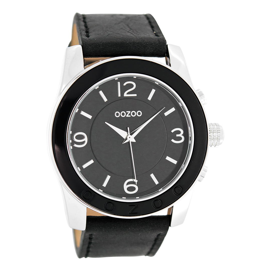 OOZOO Montre en couleur argent avec bracelet en cuir en noir - C5390