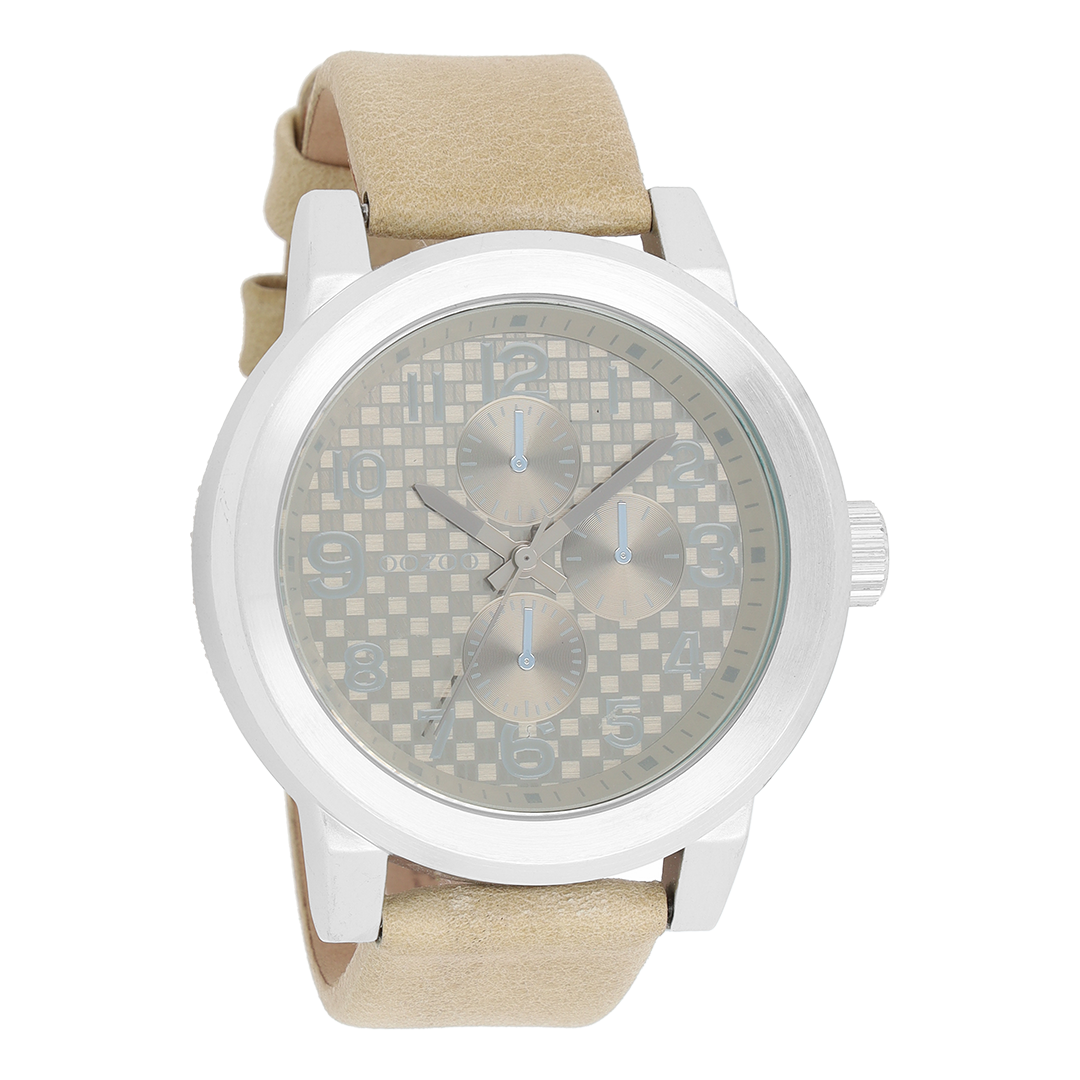 Silver coloured OOZOO watch with beige leather strap - C5581