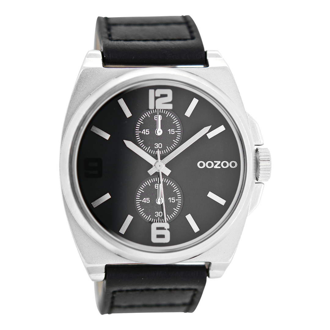 Silver coloured OOZOO watch with black leather strap - C6759