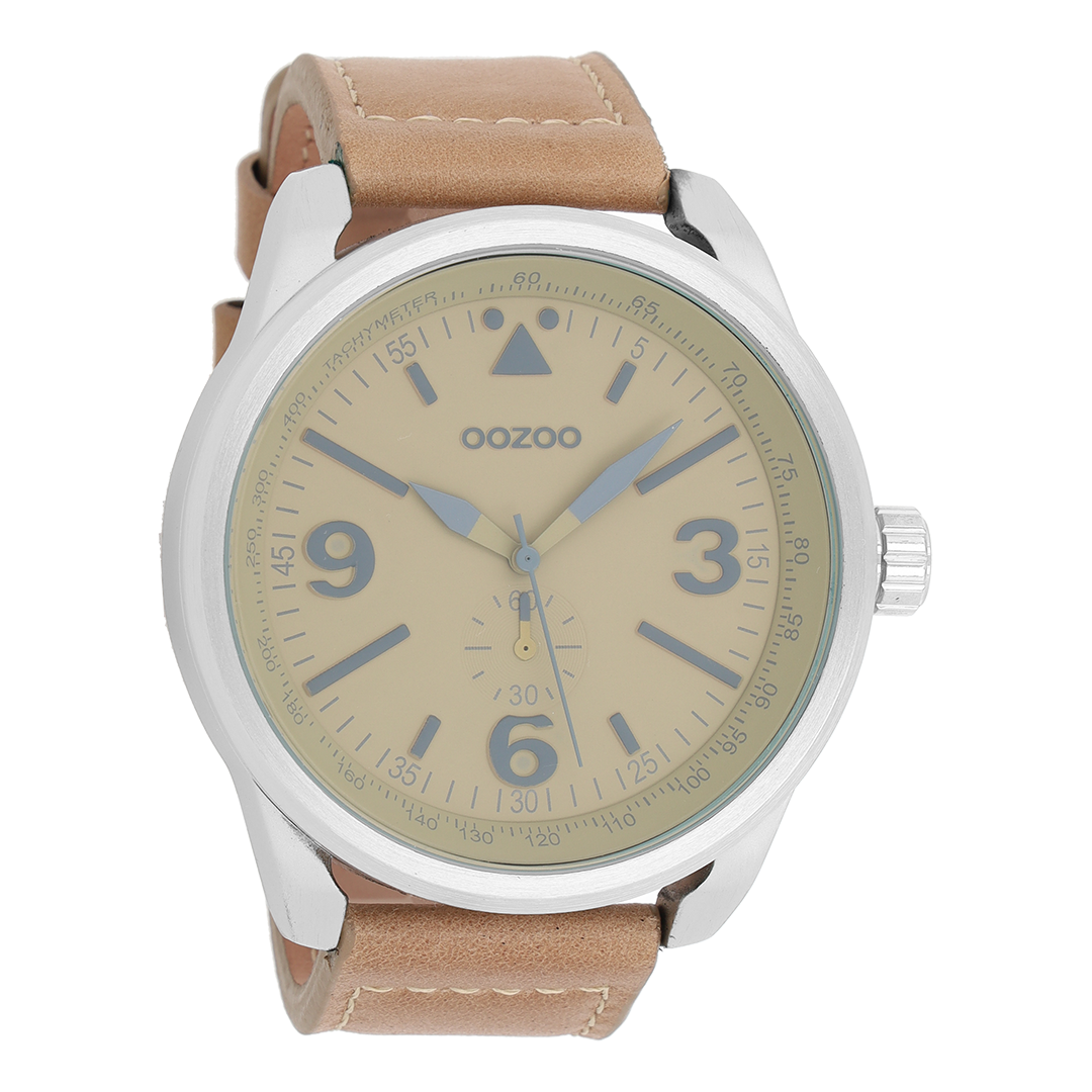 Silver coloured OOZOO watch with camel leather strap - C7065