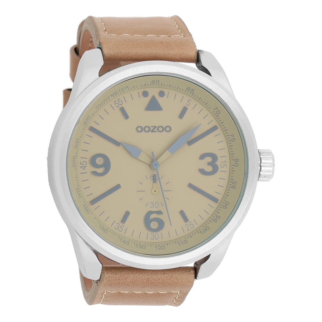 Silver coloured OOZOO watch with camel leather strap - C7065