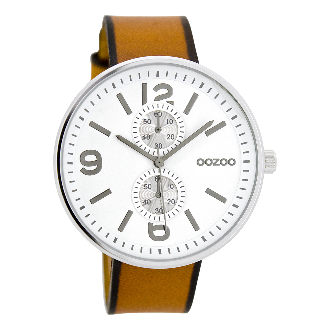 Zilverkleurige OOZOO horloge met cognac leren band - C7075