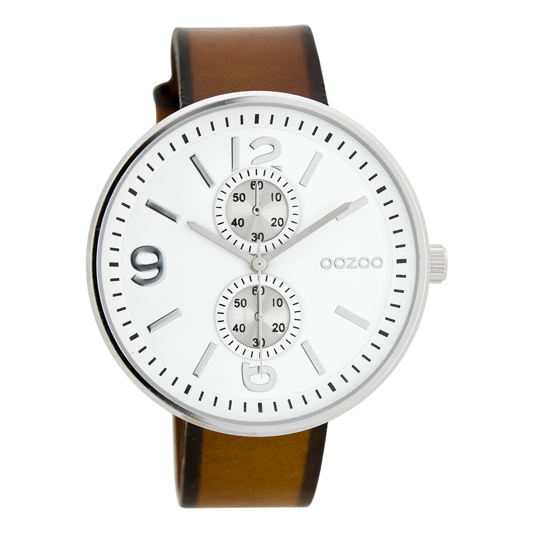 Zilverkleurige OOZOO horloge met cognac leren band - C7076