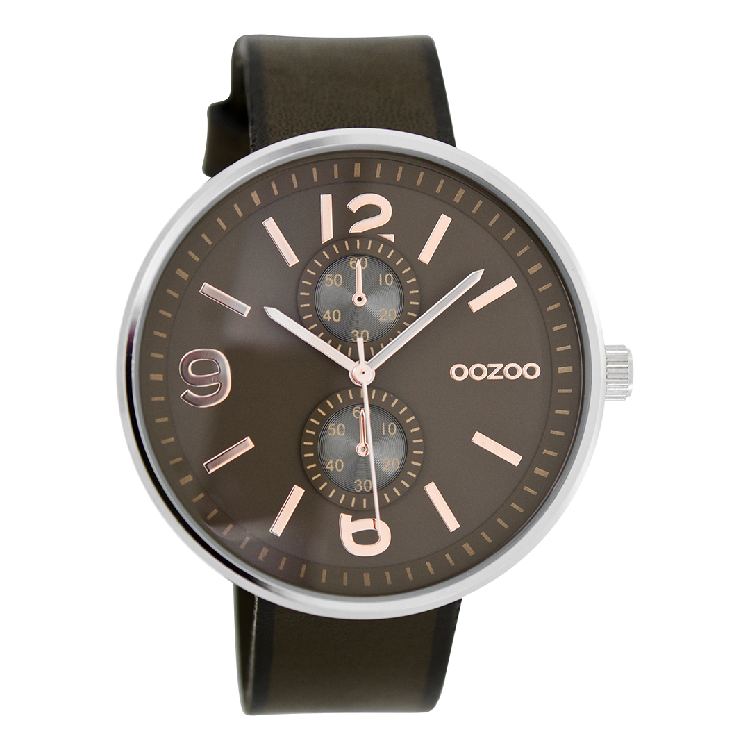Zilverkleurige OOZOO horloge met donker bruine leren band - C7078