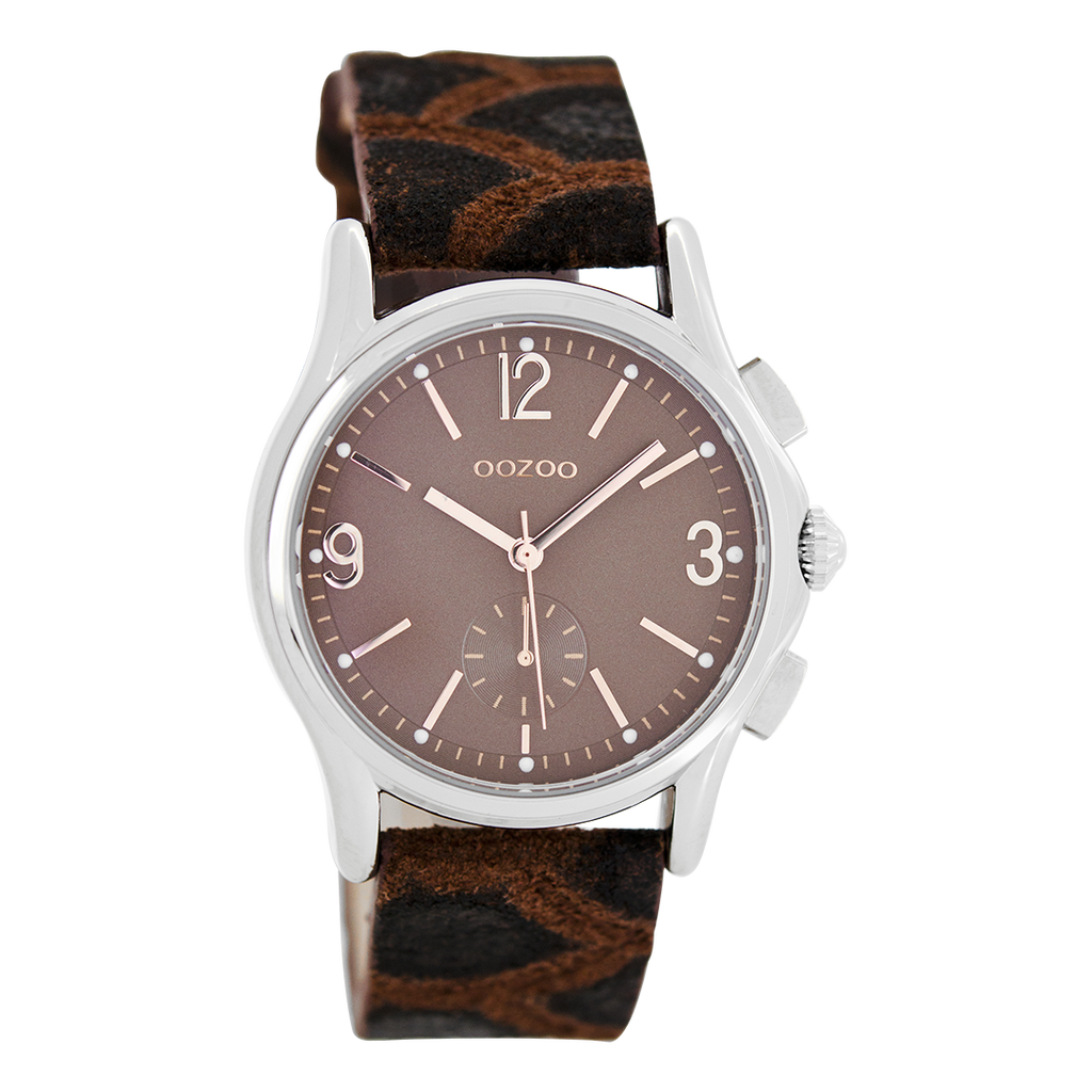 Silver coloured OOZOO watch with brown  leather strap - C7229