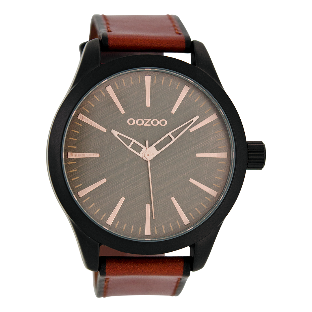 Zwarte OOZOO horloge met rood/bruine leren band - C7427