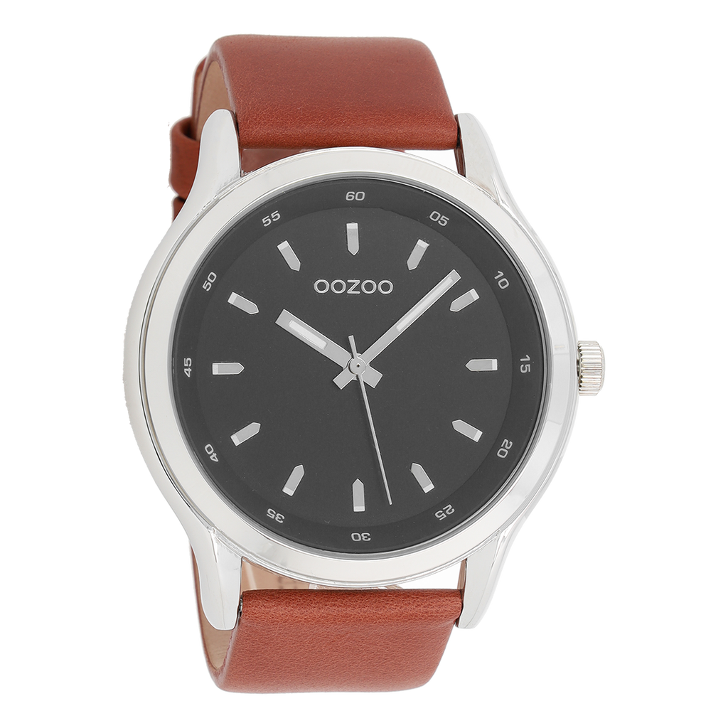 Silver coloured OOZOO watch with cognac leather strap - C7431