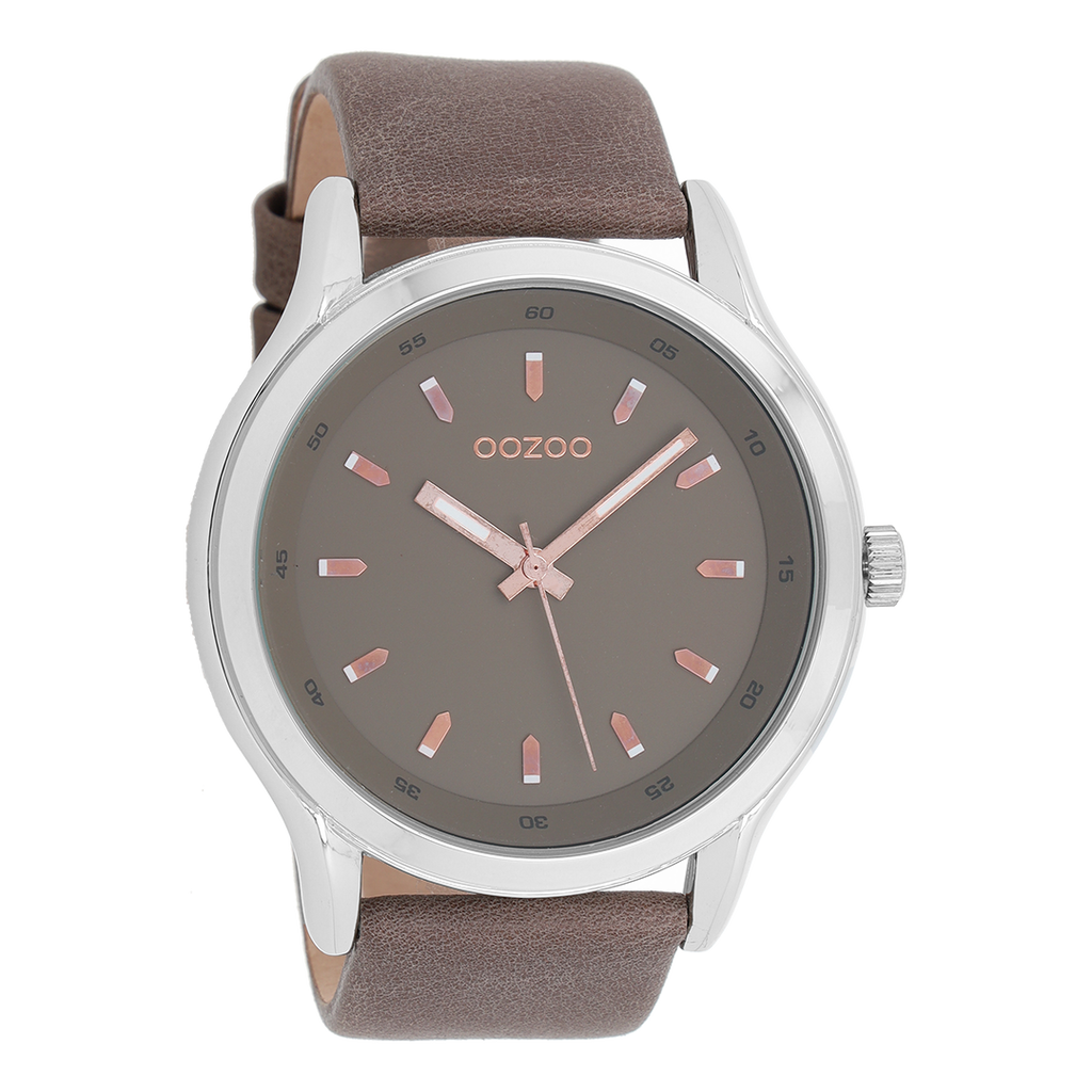 Silver coloured OOZOO watch with dark brown leather strap - C7433