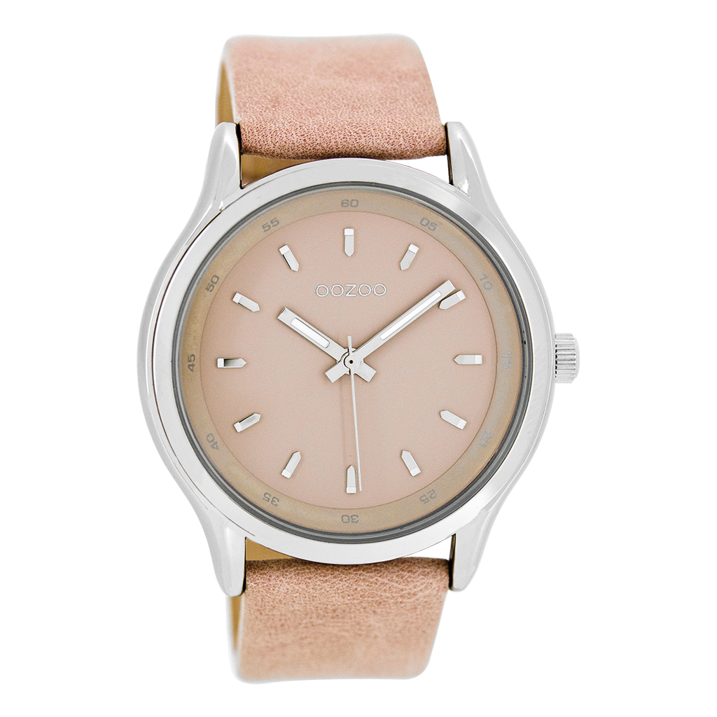 Silver coloured OOZOO watch with pink leather strap - C7436