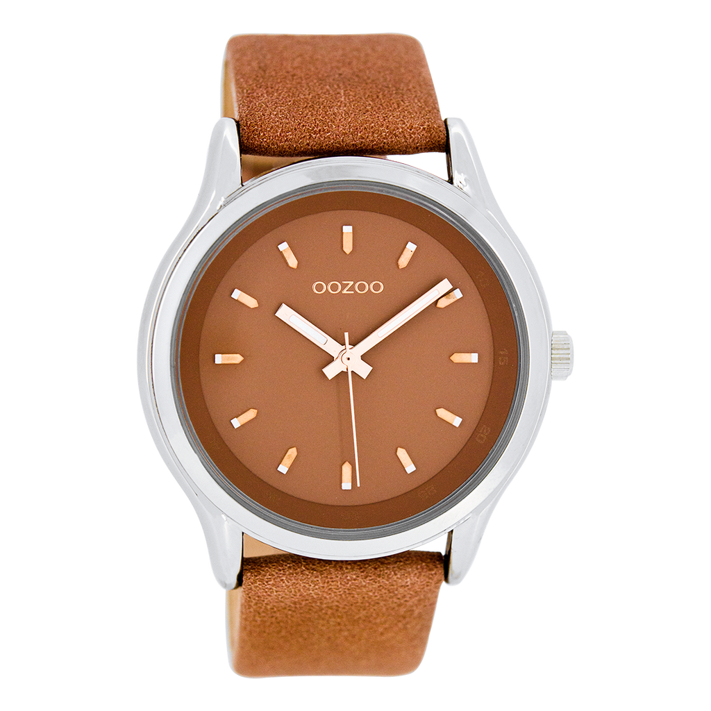 Silver coloured OOZOO watch with dusty orange leather strap - C7437