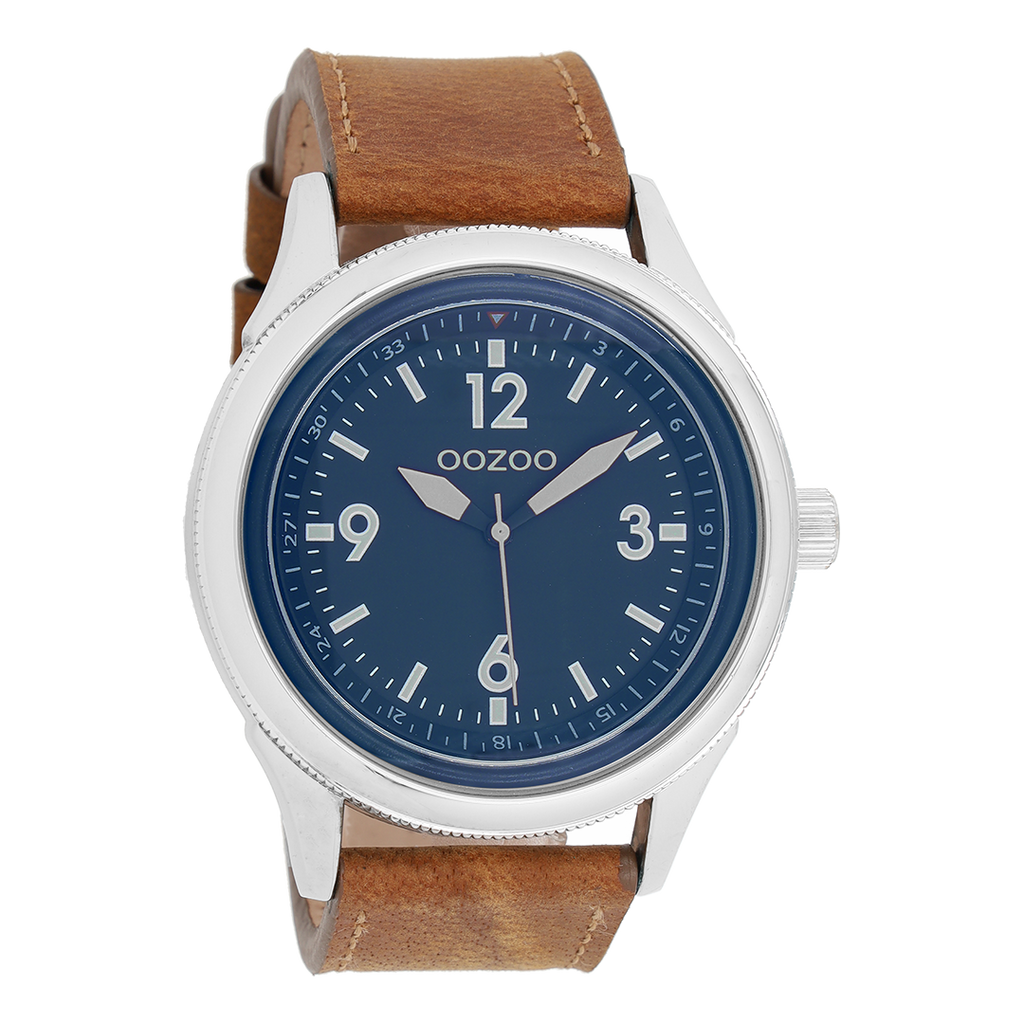 Silver coloured OOZOO watch with camel leather strap - C7476