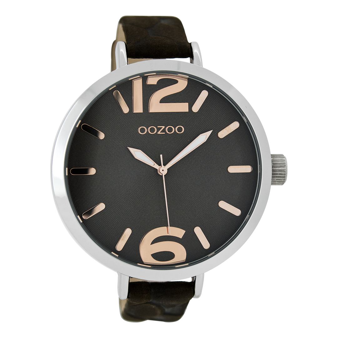 Zilverkleurige OOZOO horloge met donker bruine leren band - C7513