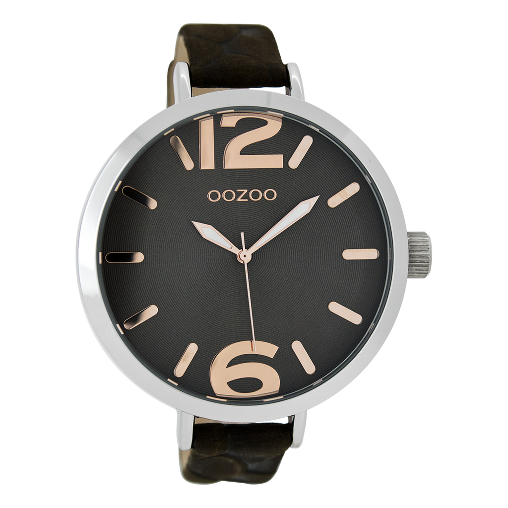 Silver coloured OOZOO watch with dark brown leather strap - C7513