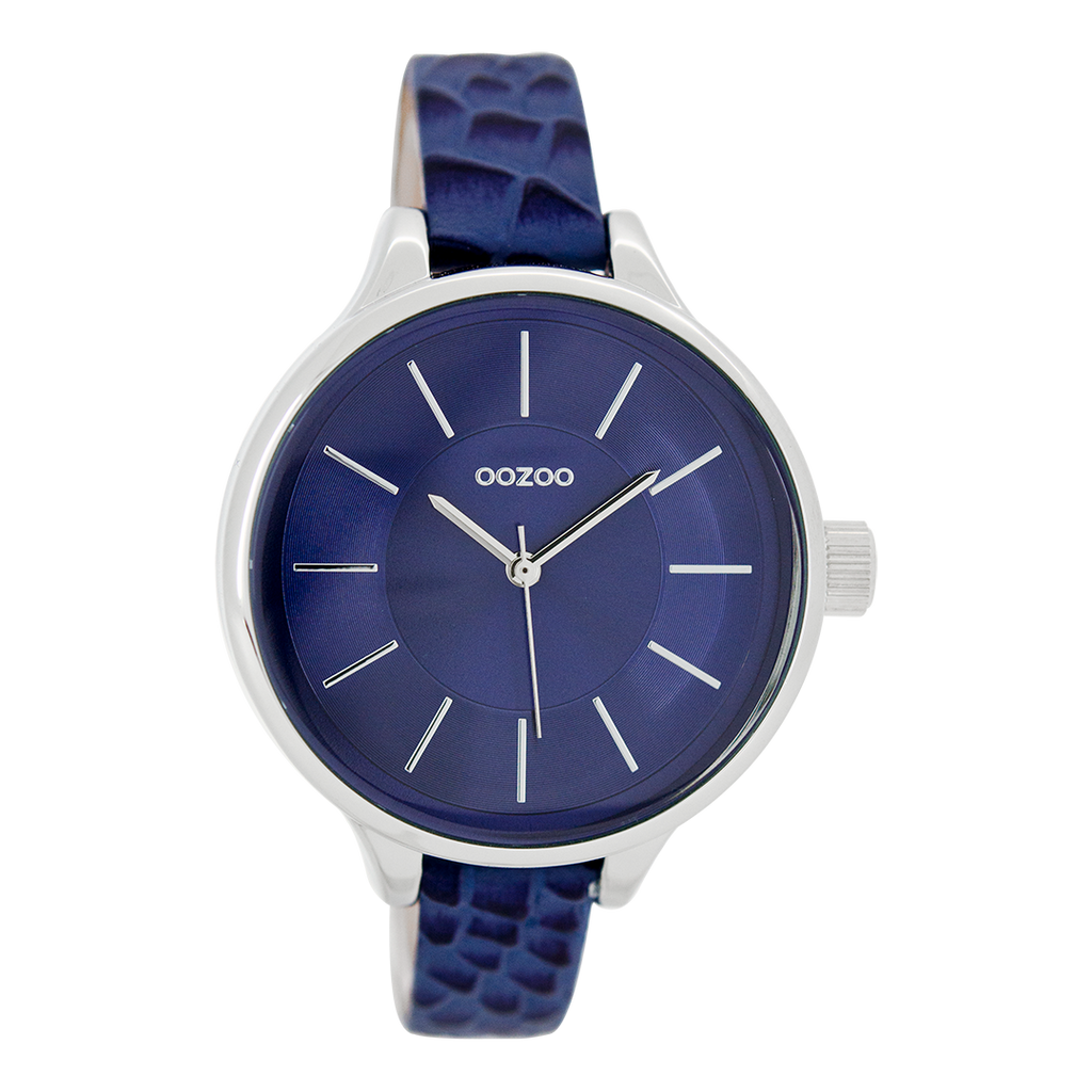 Silver coloured OOZOO watch with dark blue  leather strap - C7548