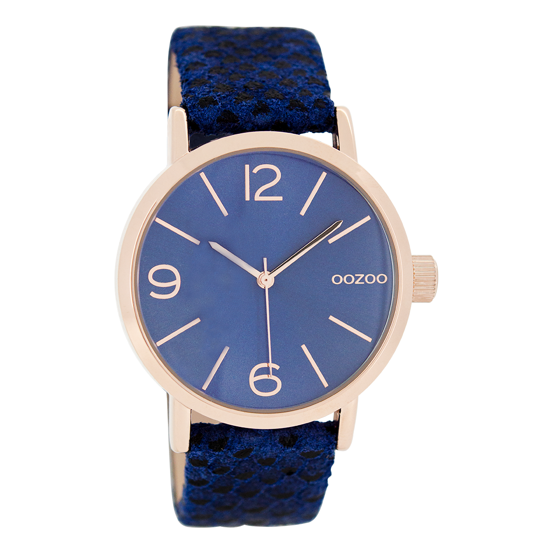 Rose gold coloured OOZOO watch with dark blue leather strap - C7577