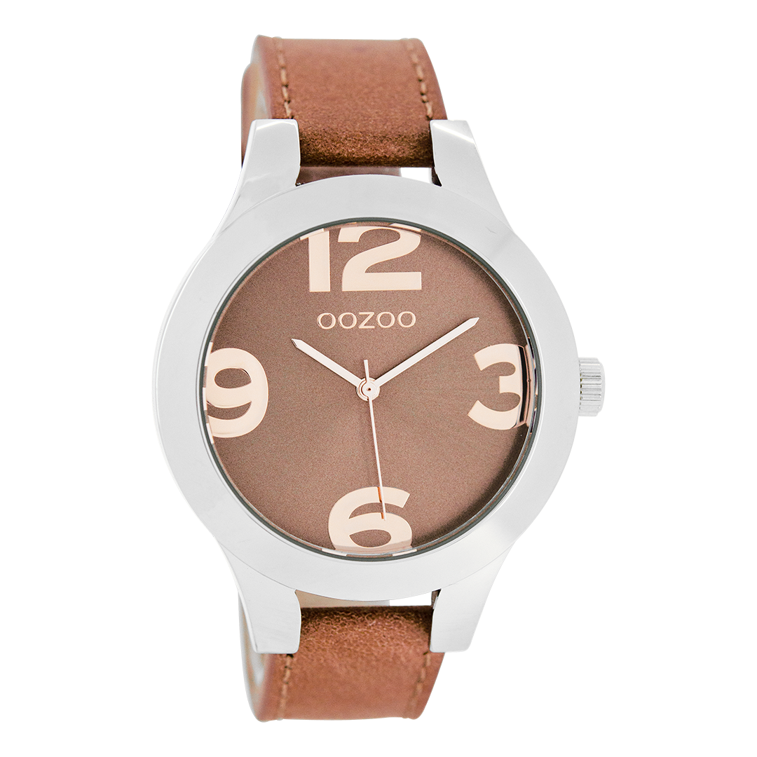 OOZOO Montre en couleur argent avec bracelet en cuir en couleur orange poussiéreux - C7591