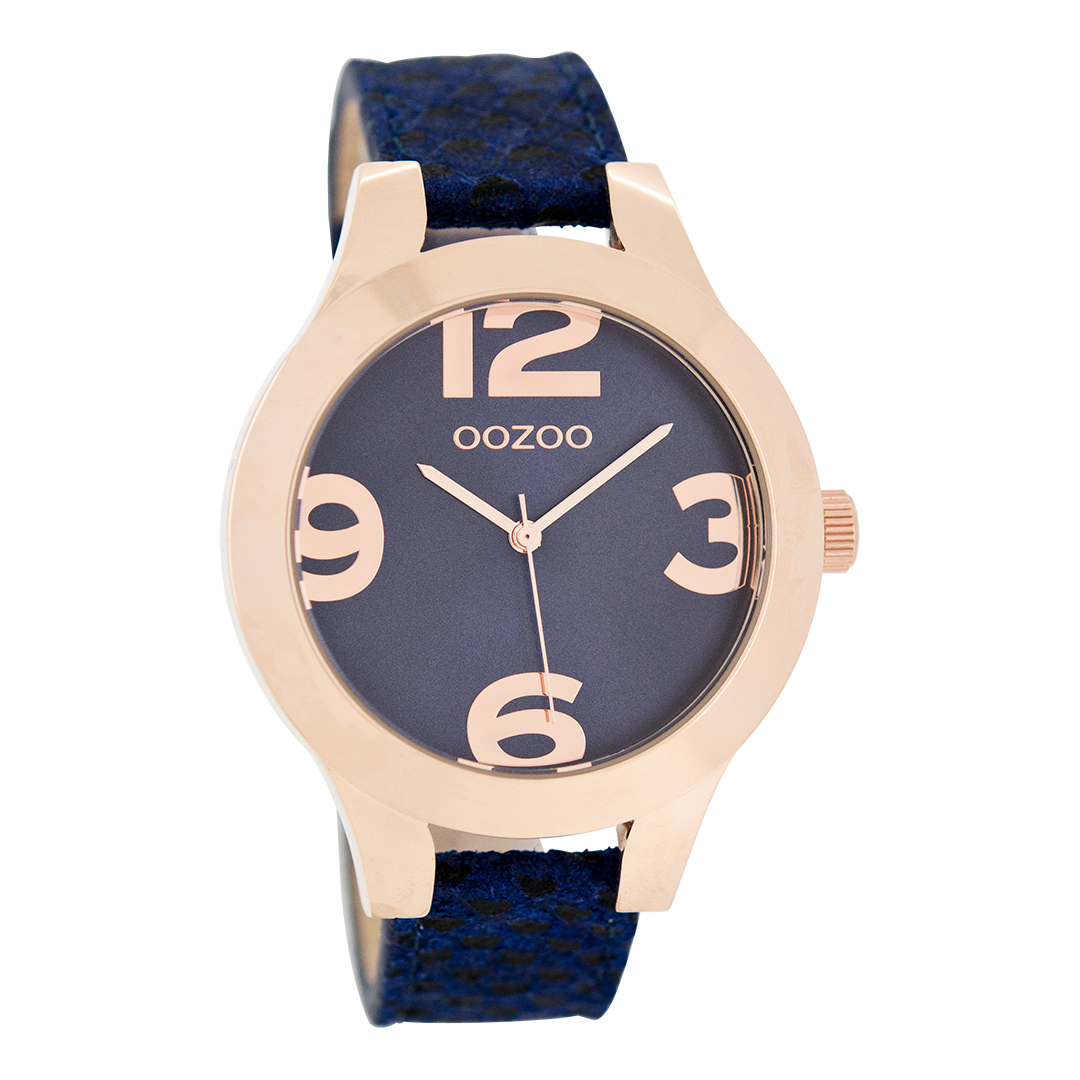 OOZOO Montre en couleur or rose avec bracelet en cuir en bleu foncé - C7598