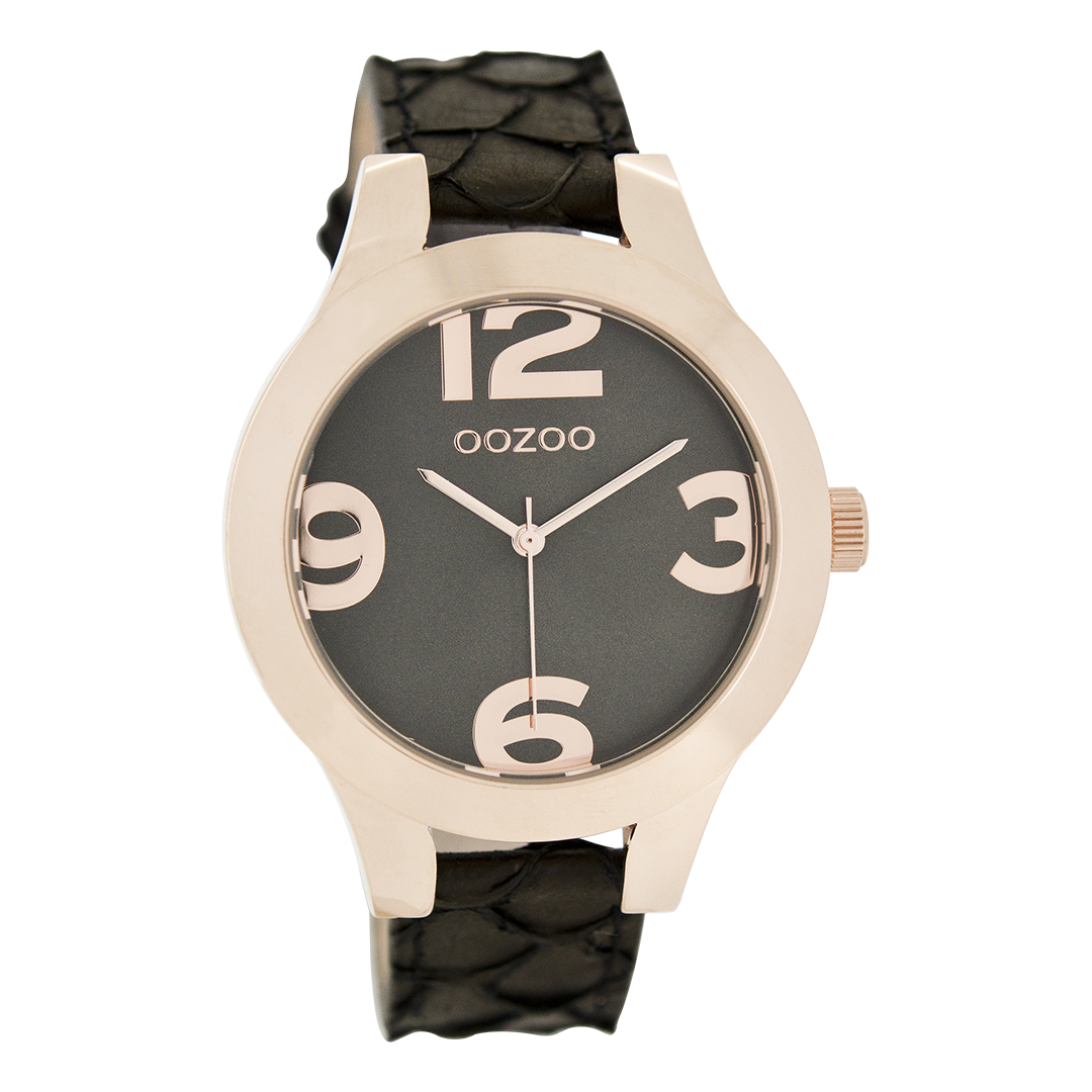 OOZOO Montre en couleur or rose avec bracelet en cuir en noir - C7599