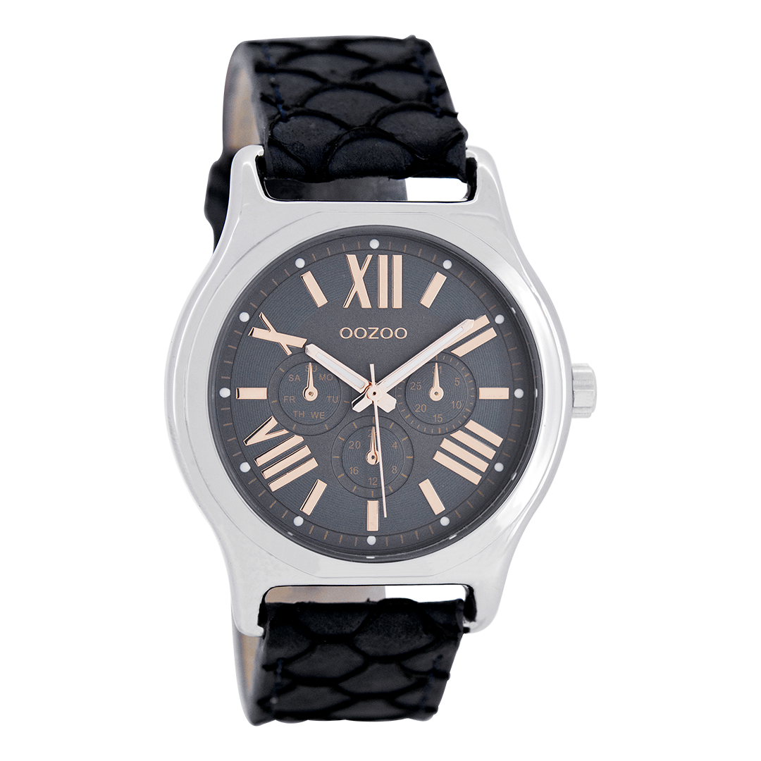OOZOO Montre en couleur argent avec bracelet en cuir en bleu foncé - C7612