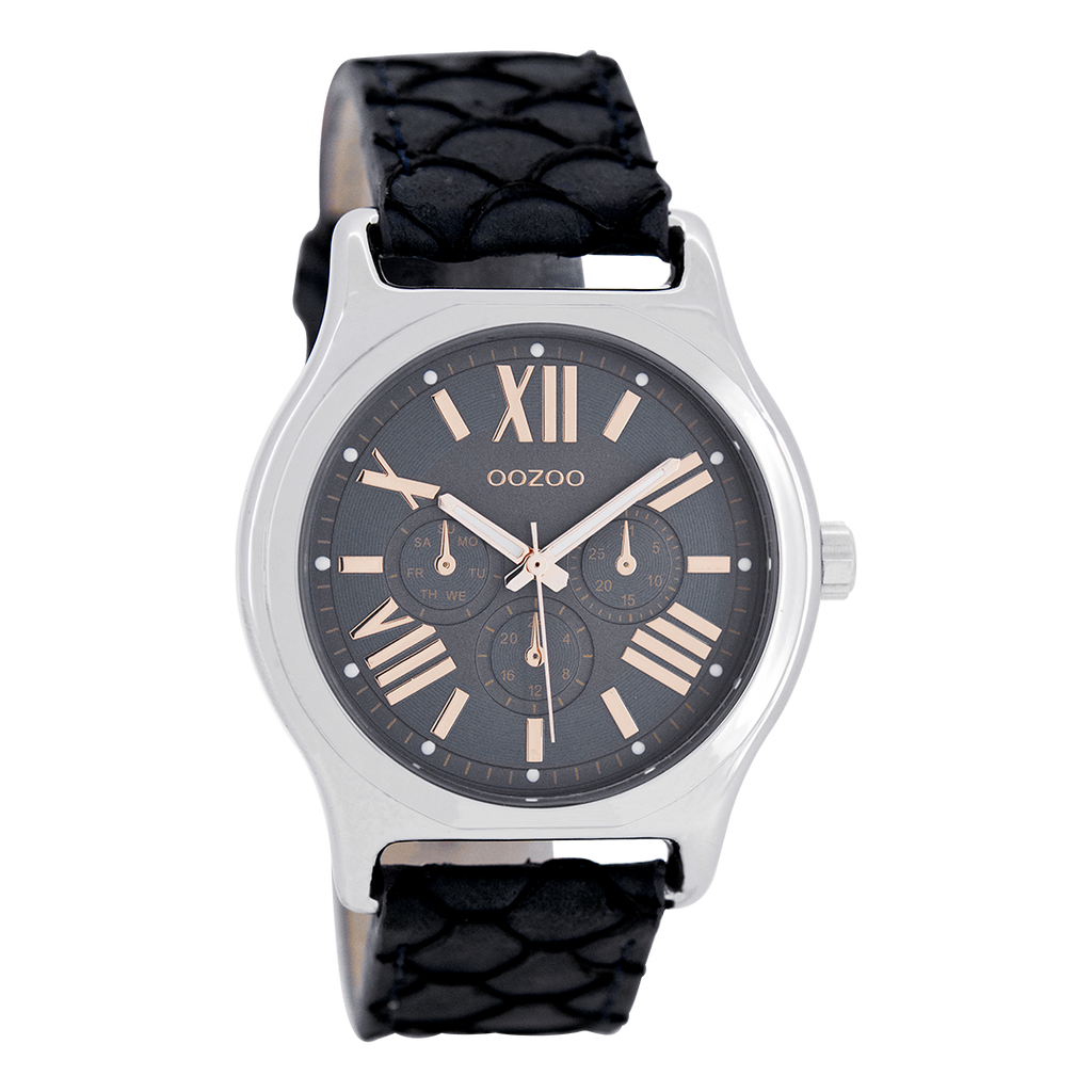 Silver coloured OOZOO watch with dark blue  leather strap - C7612