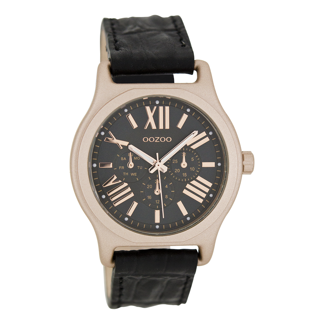 OOZOO Montre en couleur or rose avec bracelet en cuir en noir - C7614