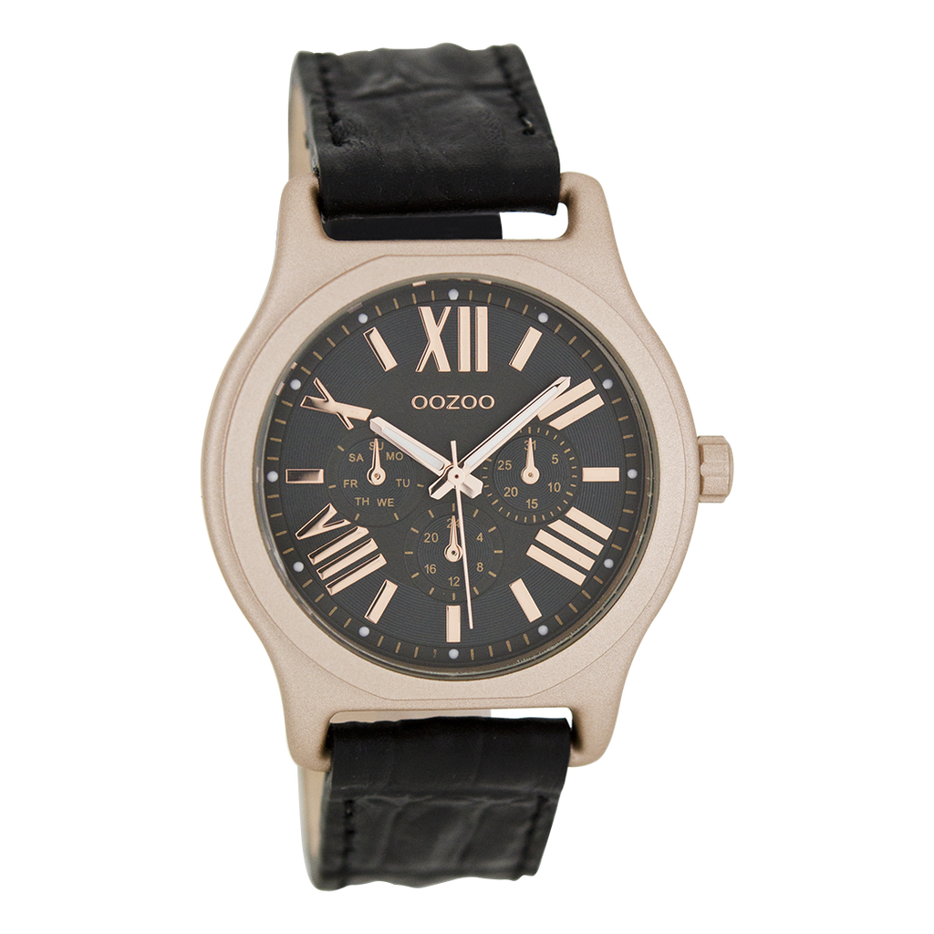 Rose gold coloured OOZOO watch with black leather strap - C7614