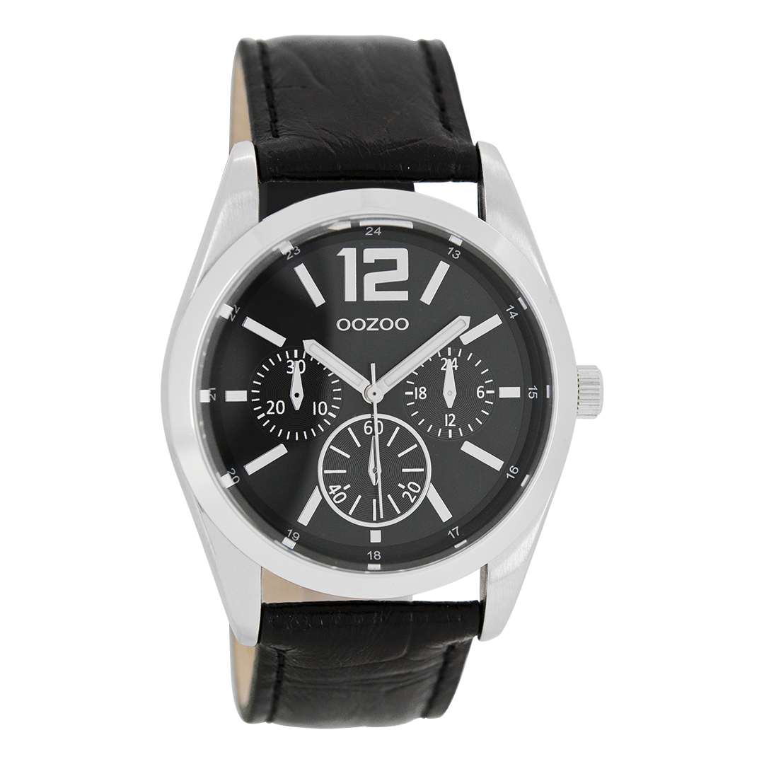 Zilverkleurige OOZOO horloge met zwarte leren band - C7623
