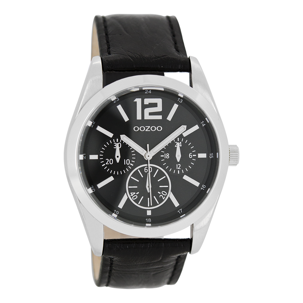 Silver coloured OOZOO watch with black leather strap - C7623