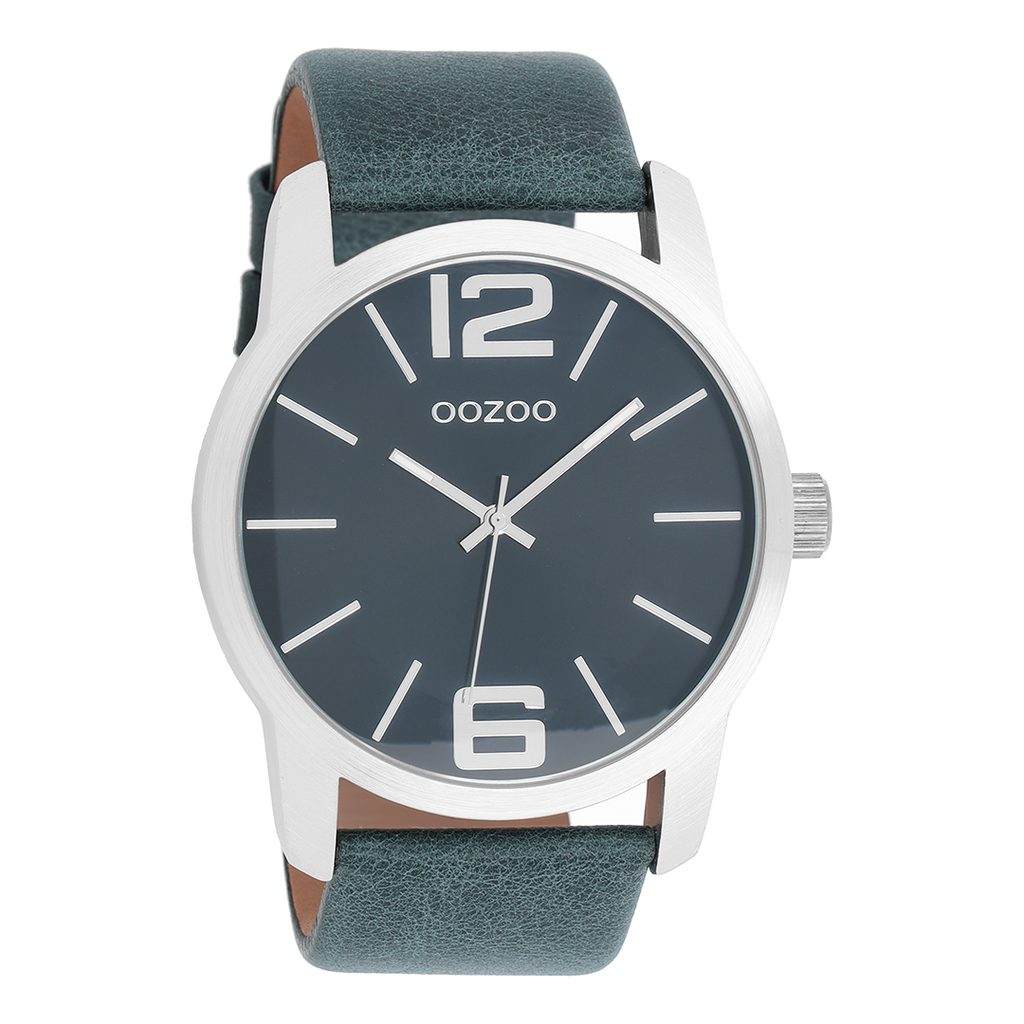 Silver coloured OOZOO watch with blue leather strap - C8034