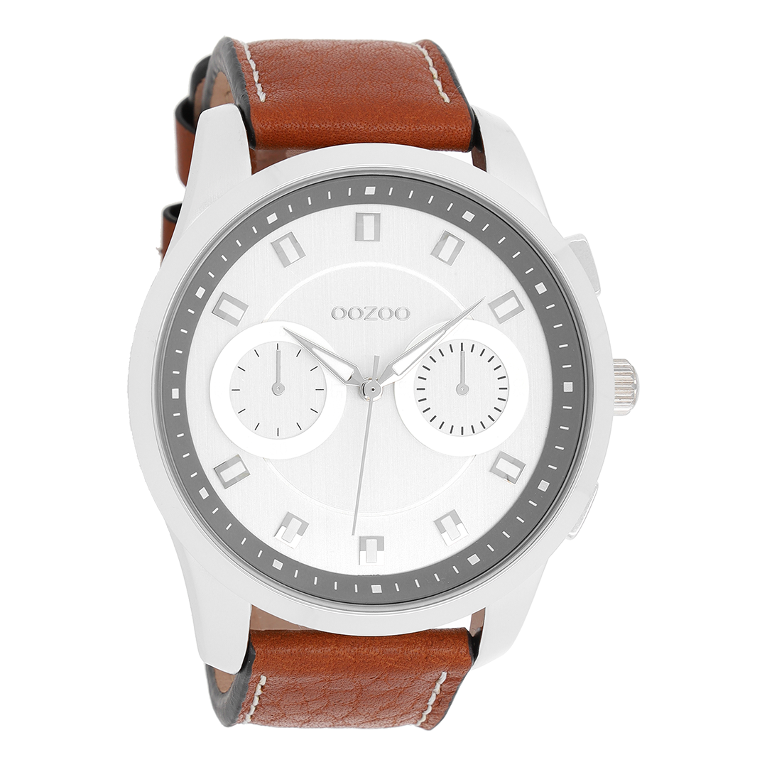 Silver coloured OOZOO watch with cognac leather strap - C8205