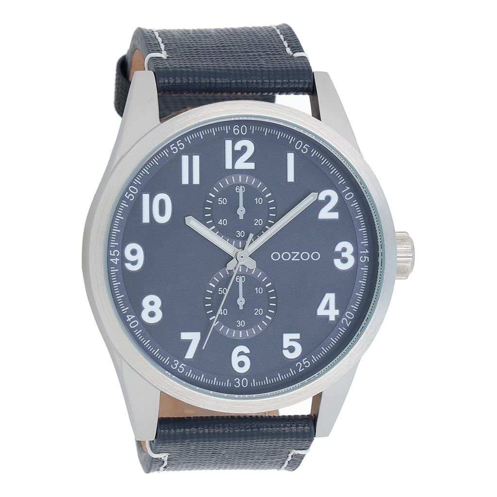 Silver coloured OOZOO watch with dark blue leather strap - C8222