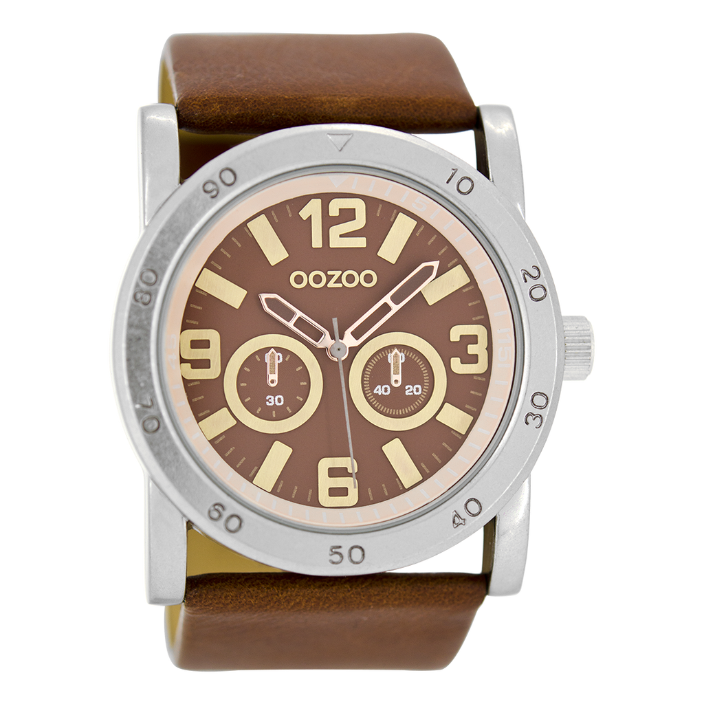 Silver coloured OOZOO watch with brown  leather strap - C8306