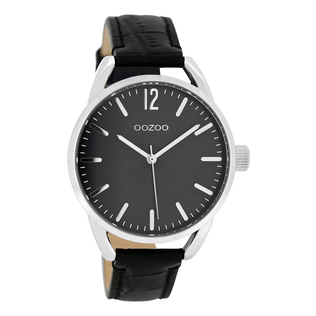 OOZOO Montre en couleur argent avec bracelet en cuir en noir - C8339